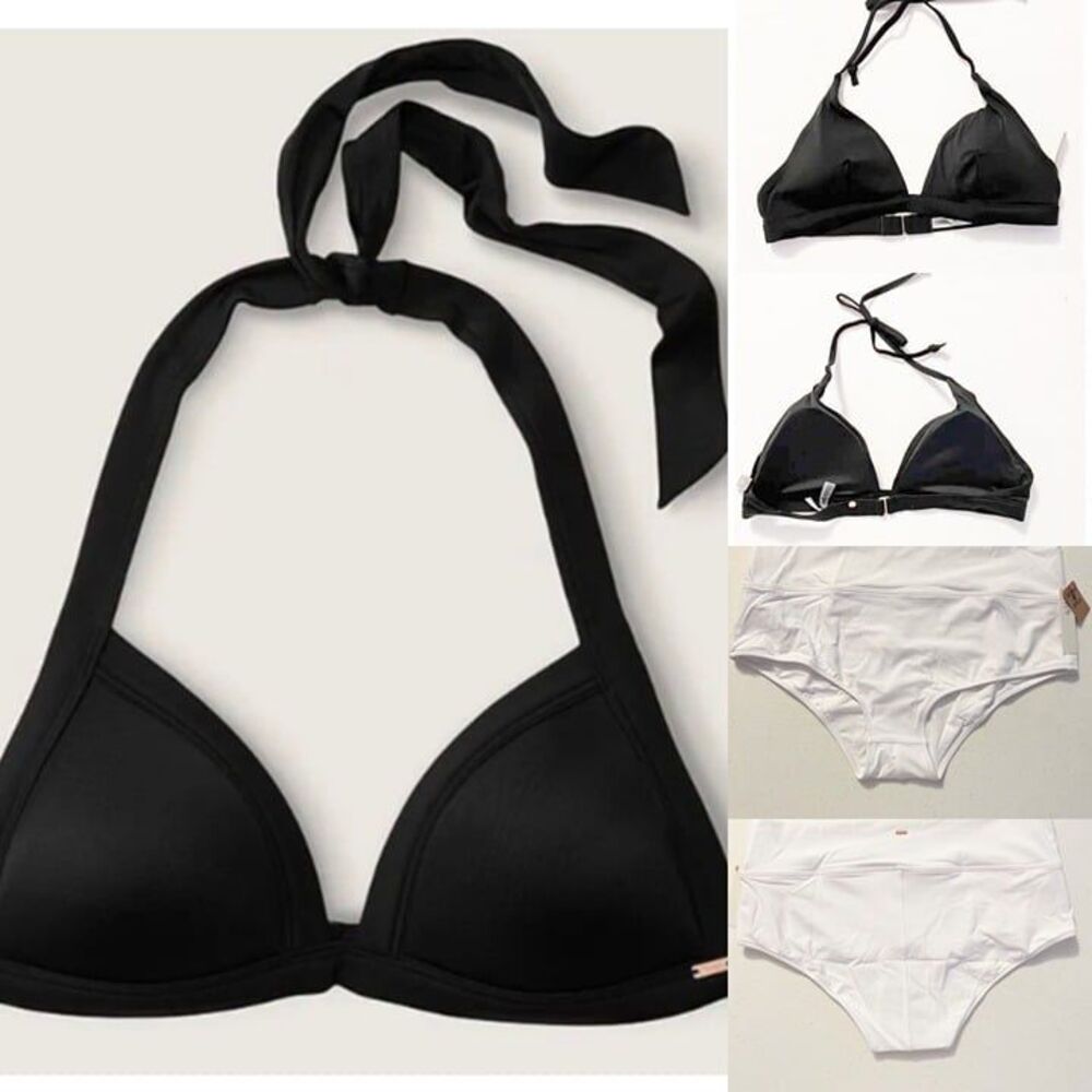 Pink Victoria's Secret Sz XL Black Push Up Bra Swim Top/ White Bottom Set